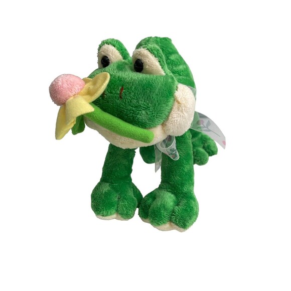 Fine Toy Frog Plush Stuffed Animal Green Holding Pink Yellow Flower Sheer Bow - Picture 2 of 15